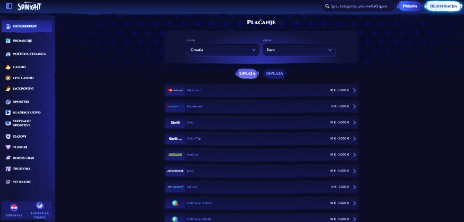 Uplata i isplata na Spinightu