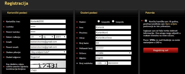 Registracija na Wwin - Drugi korak